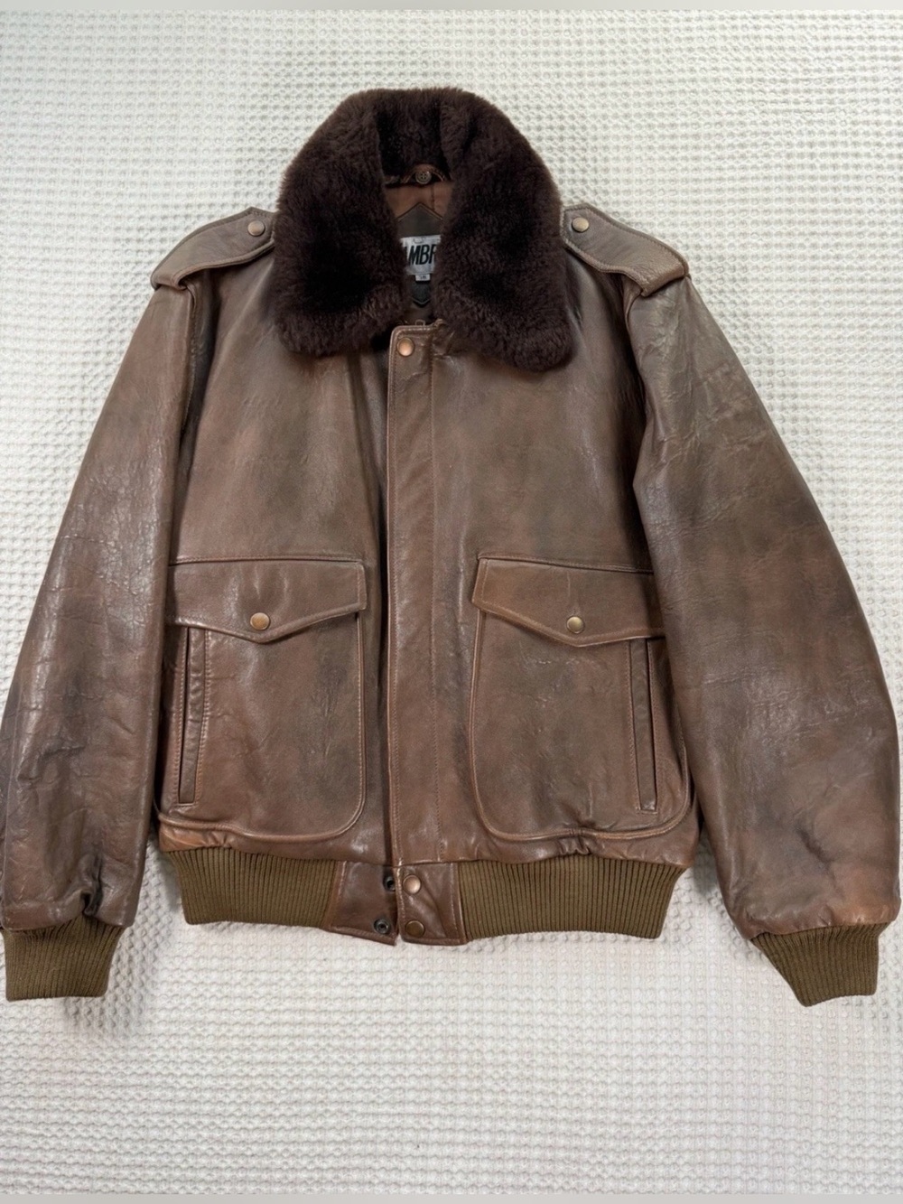 Cambria Men’s Brown Leather Bomber Jacket Shearling Collar Size 38